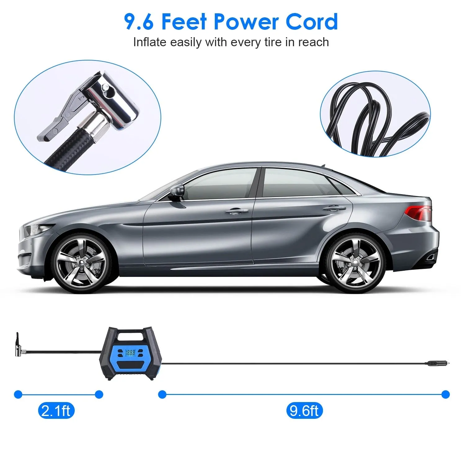 120W Max Power Portable Tire Pump with Digital Display LED Light