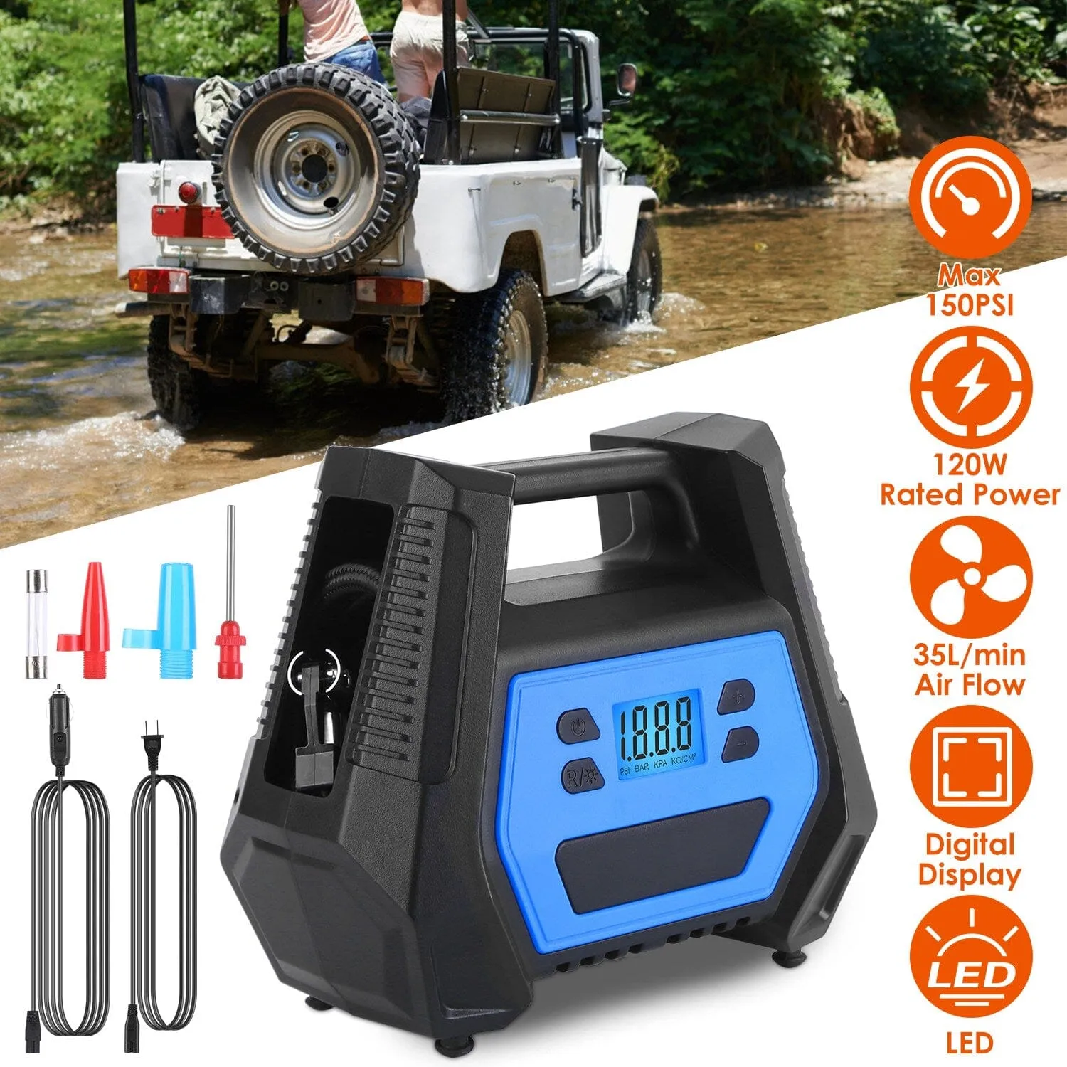 120W Max Power Portable Tire Pump with Digital Display LED Light