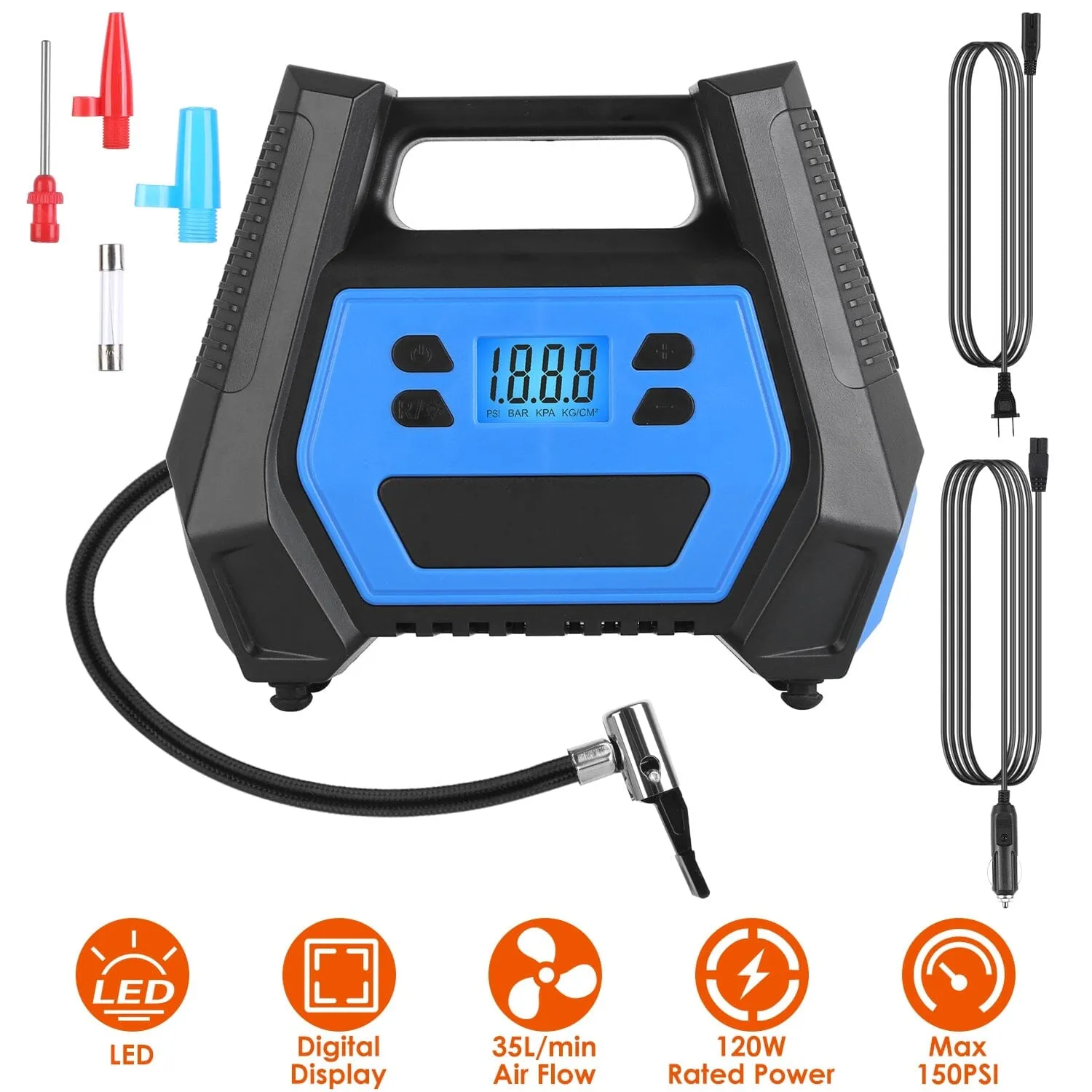 120W Max Power Portable Tire Pump with Digital Display LED Light