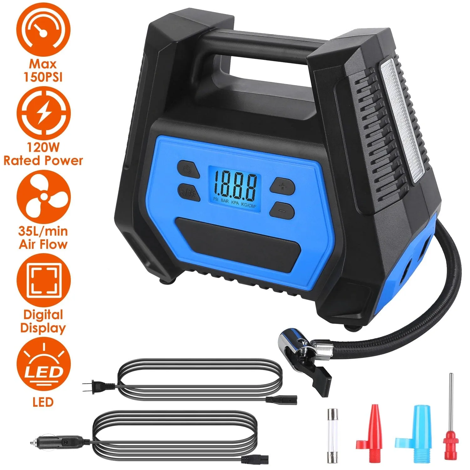 120W Max Power Portable Tire Pump with Digital Display LED Light