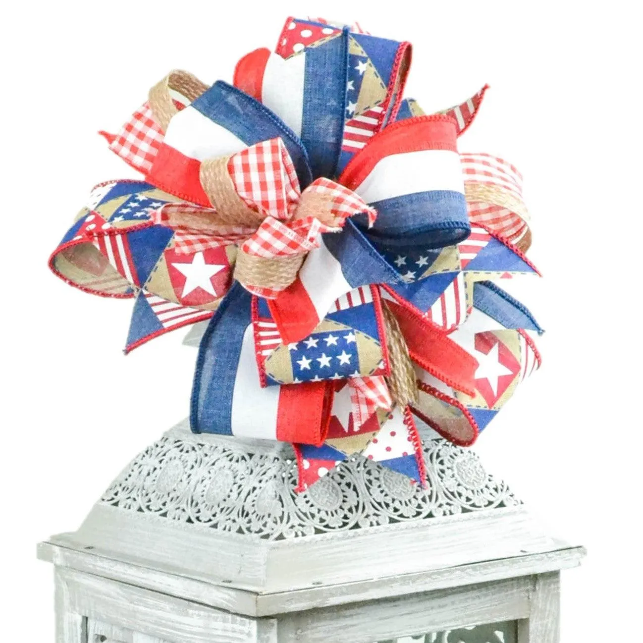 4th of July Lantern Wreath Bow - Gingham Red White Blue