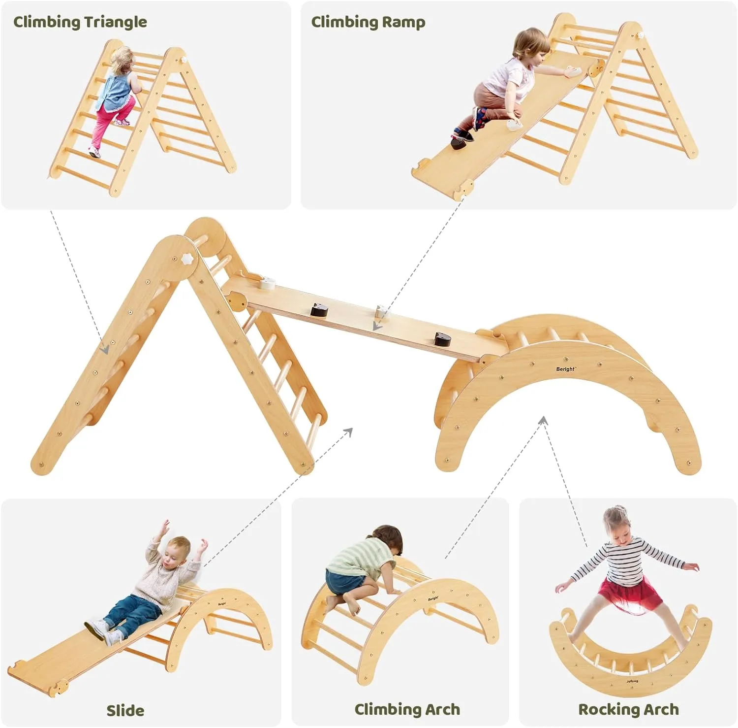 5-in-1 Pikler Triangle Gym - Foldable Climbing, Ramp, Rocker, and Play Structure for Kids