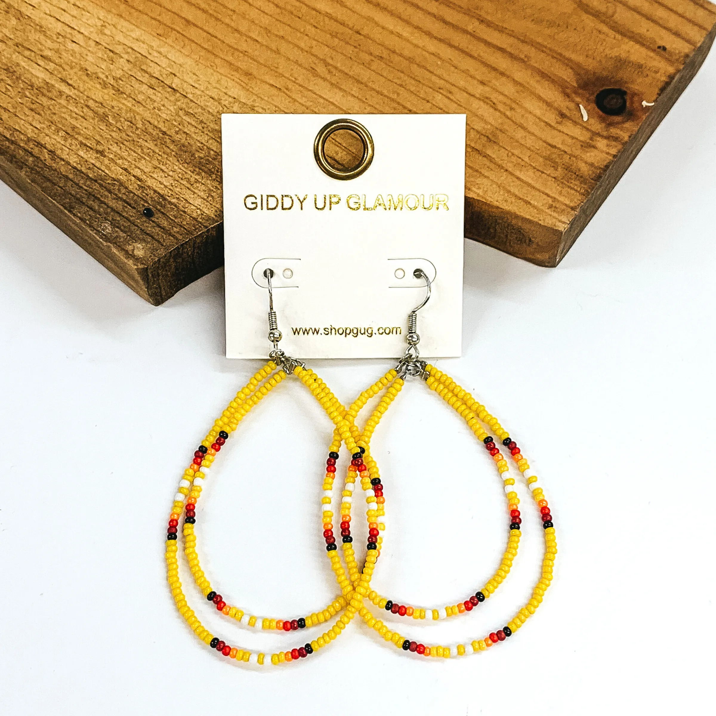 Aztec Seed Beaded Teardrop Earrings in Yellow