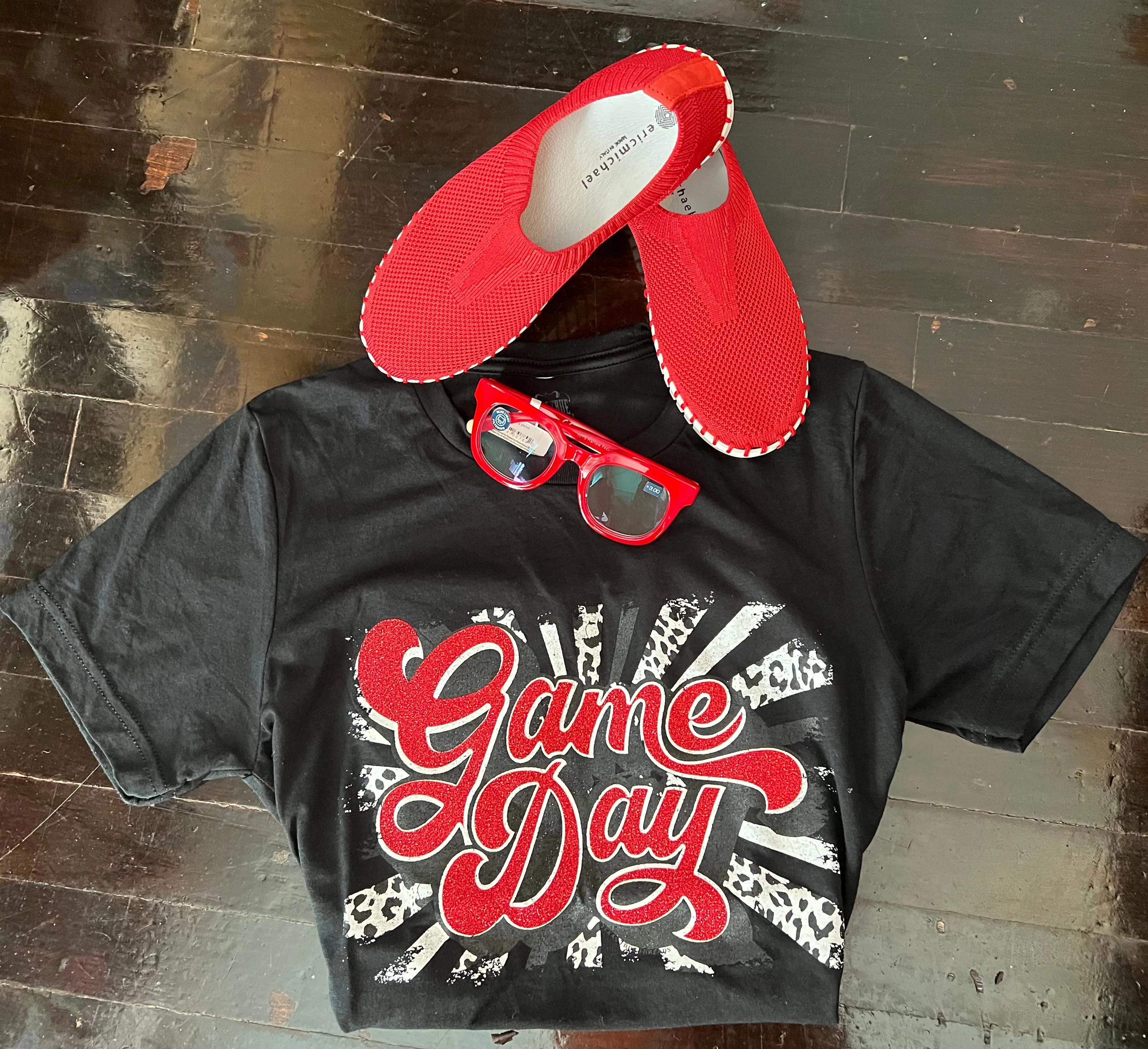 Black & Red Glitter Retro Game Day Tee