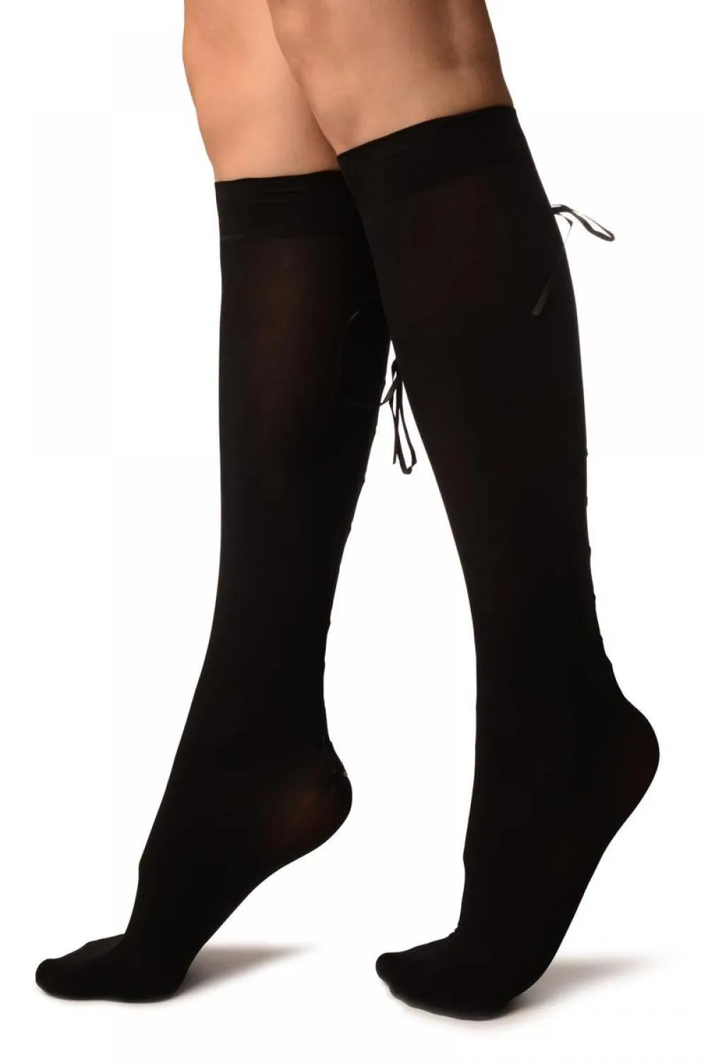 Black Opaque With Lace Up Back Seam Knee High Socks