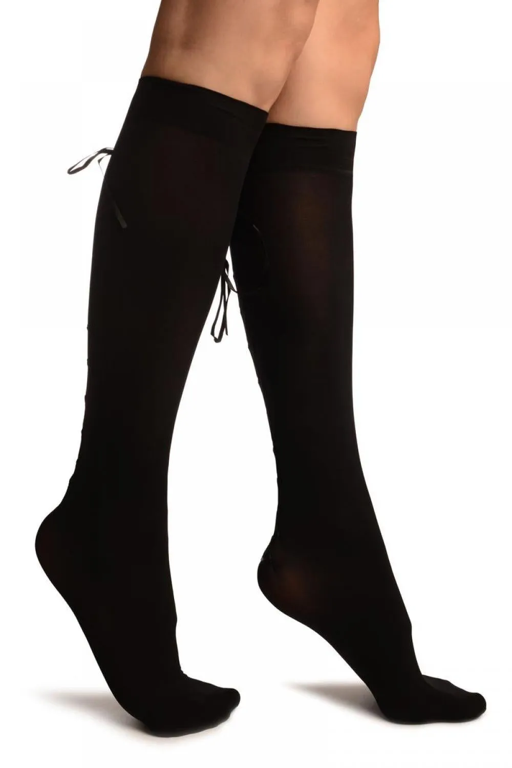 Black Opaque With Lace Up Back Seam Knee High Socks