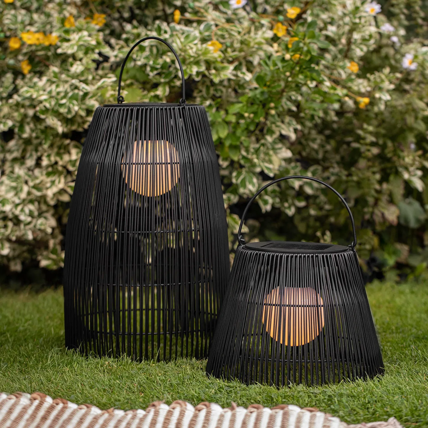 Black Wicker Effect Solar Table Lantern