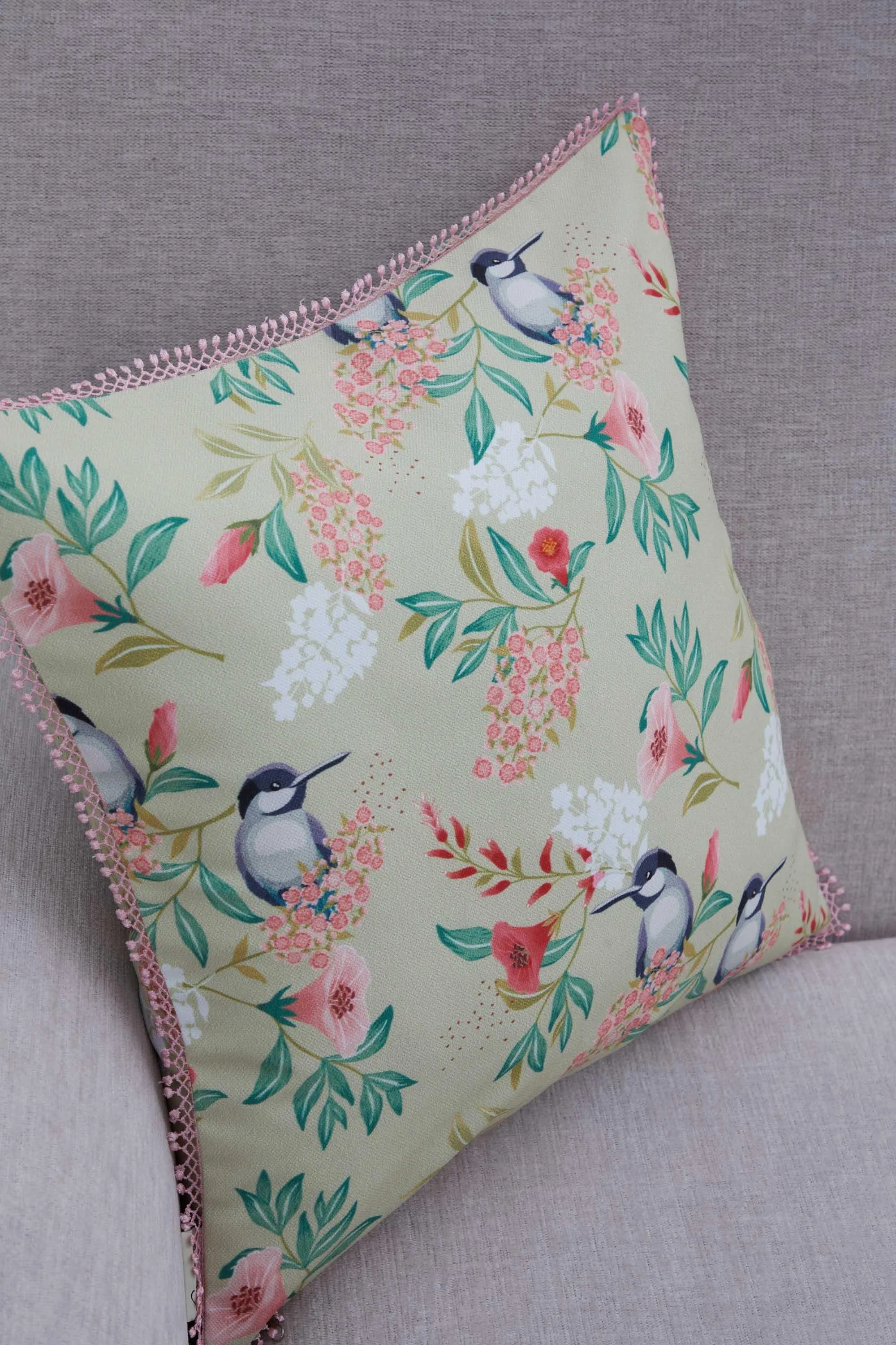 Charming Bird & Floral Pillow Cover, Pastel Pom-Pom Trim Cushion Cover, 18x18 Garden Chic Decorative Pillow for Cozy Home Interiors,K-312