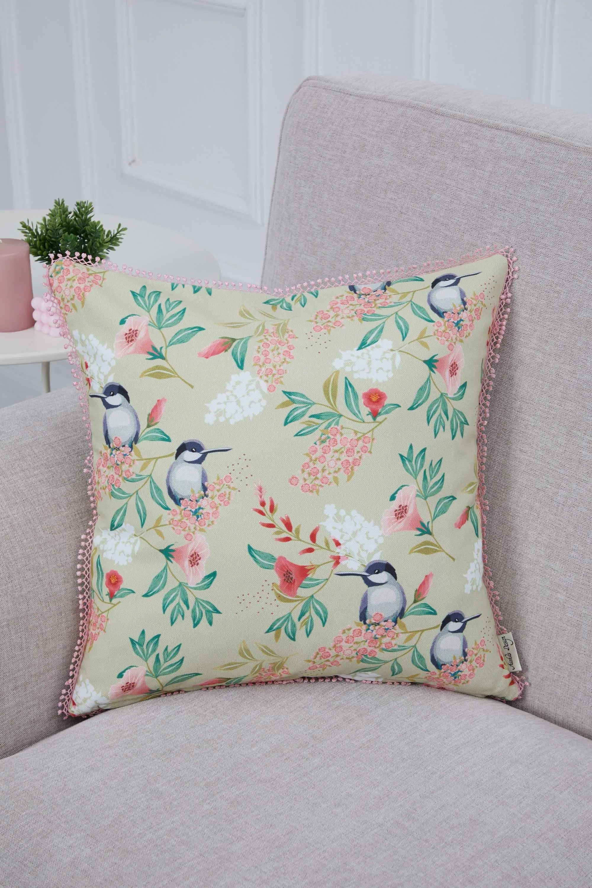 Charming Bird & Floral Pillow Cover, Pastel Pom-Pom Trim Cushion Cover, 18x18 Garden Chic Decorative Pillow for Cozy Home Interiors,K-312