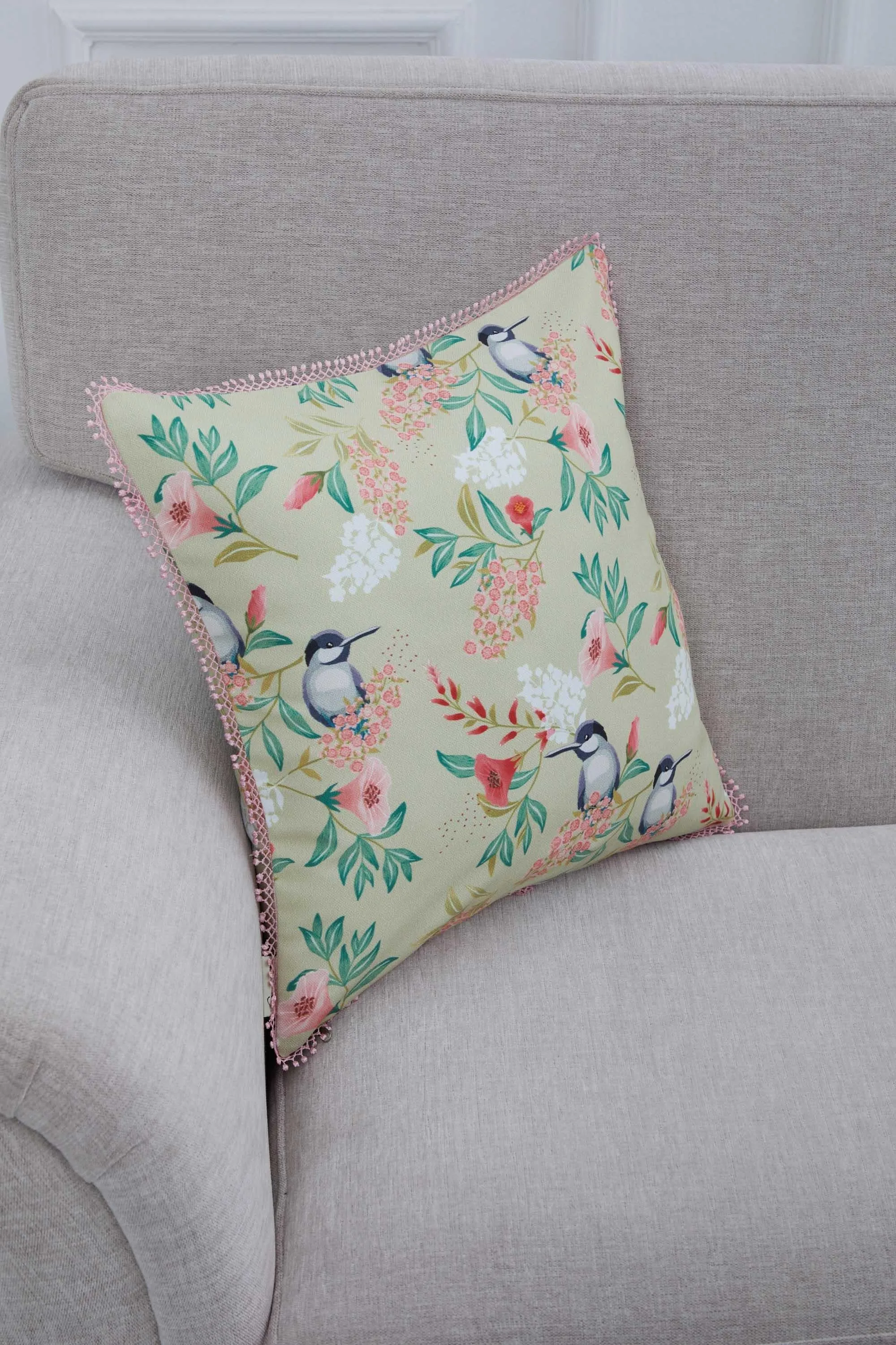 Charming Bird & Floral Pillow Cover, Pastel Pom-Pom Trim Cushion Cover, 18x18 Garden Chic Decorative Pillow for Cozy Home Interiors,K-312