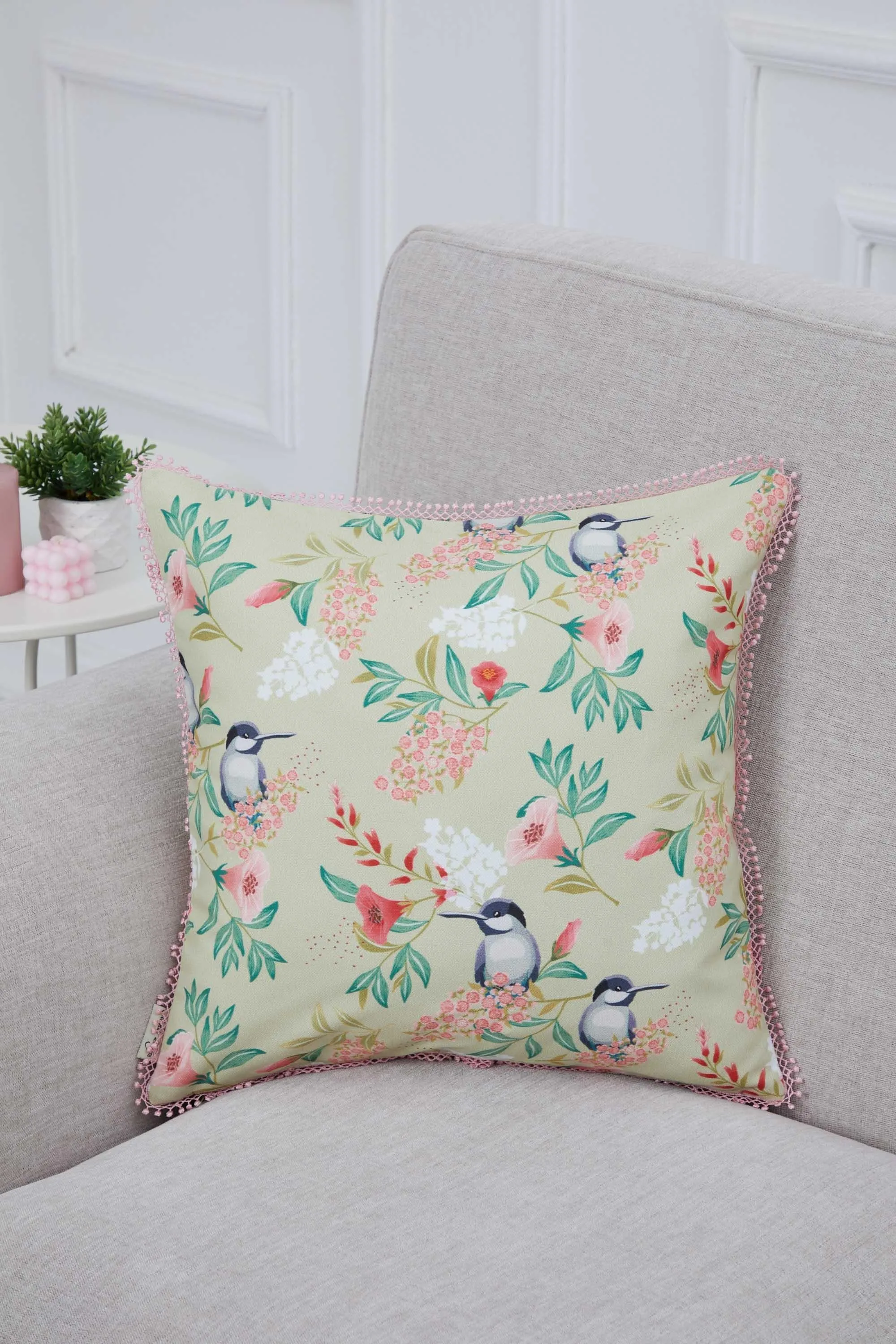 Charming Bird & Floral Pillow Cover, Pastel Pom-Pom Trim Cushion Cover, 18x18 Garden Chic Decorative Pillow for Cozy Home Interiors,K-312