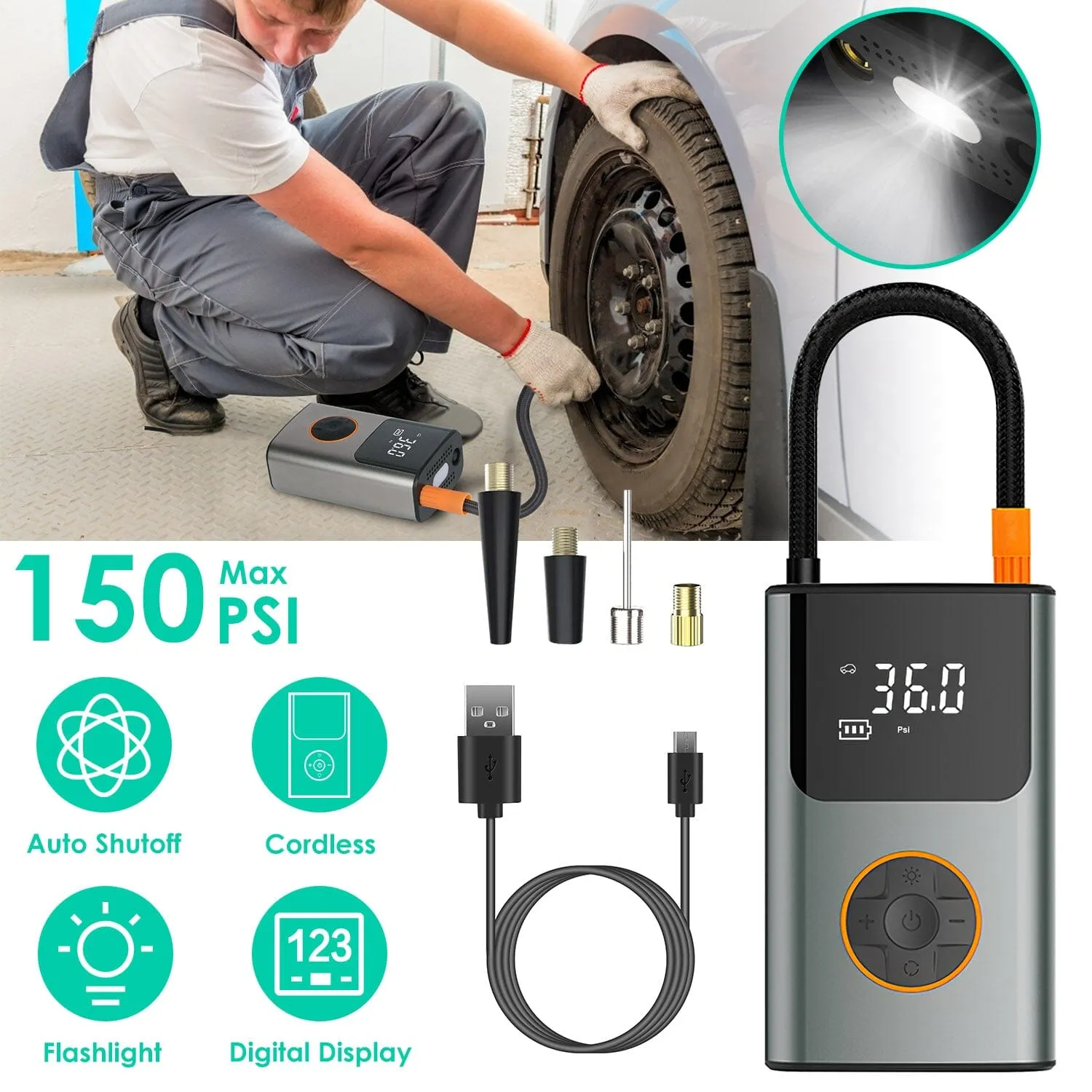 Portable Mini Tire Inflator with Digital Display LED Light