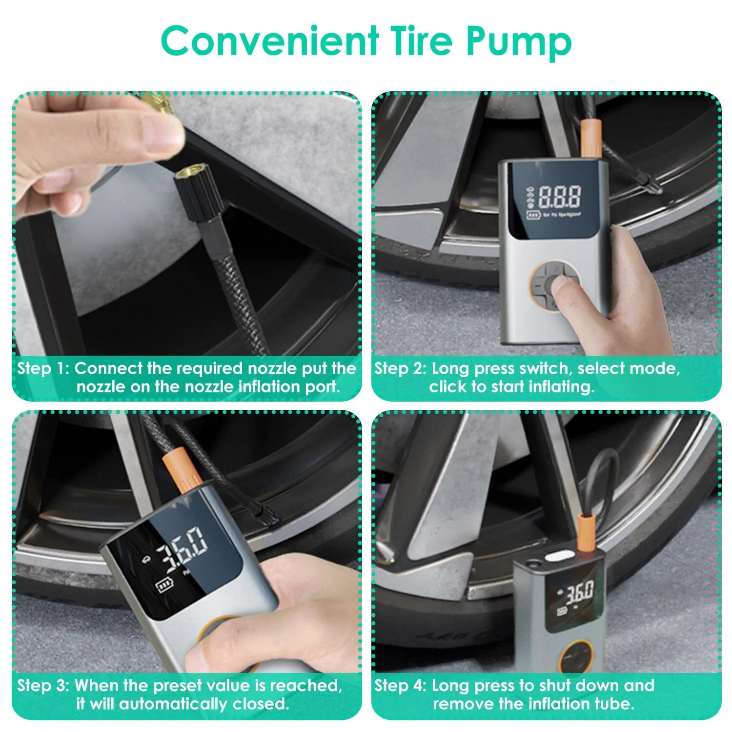 Portable Mini Tire Inflator with Digital Display LED Light