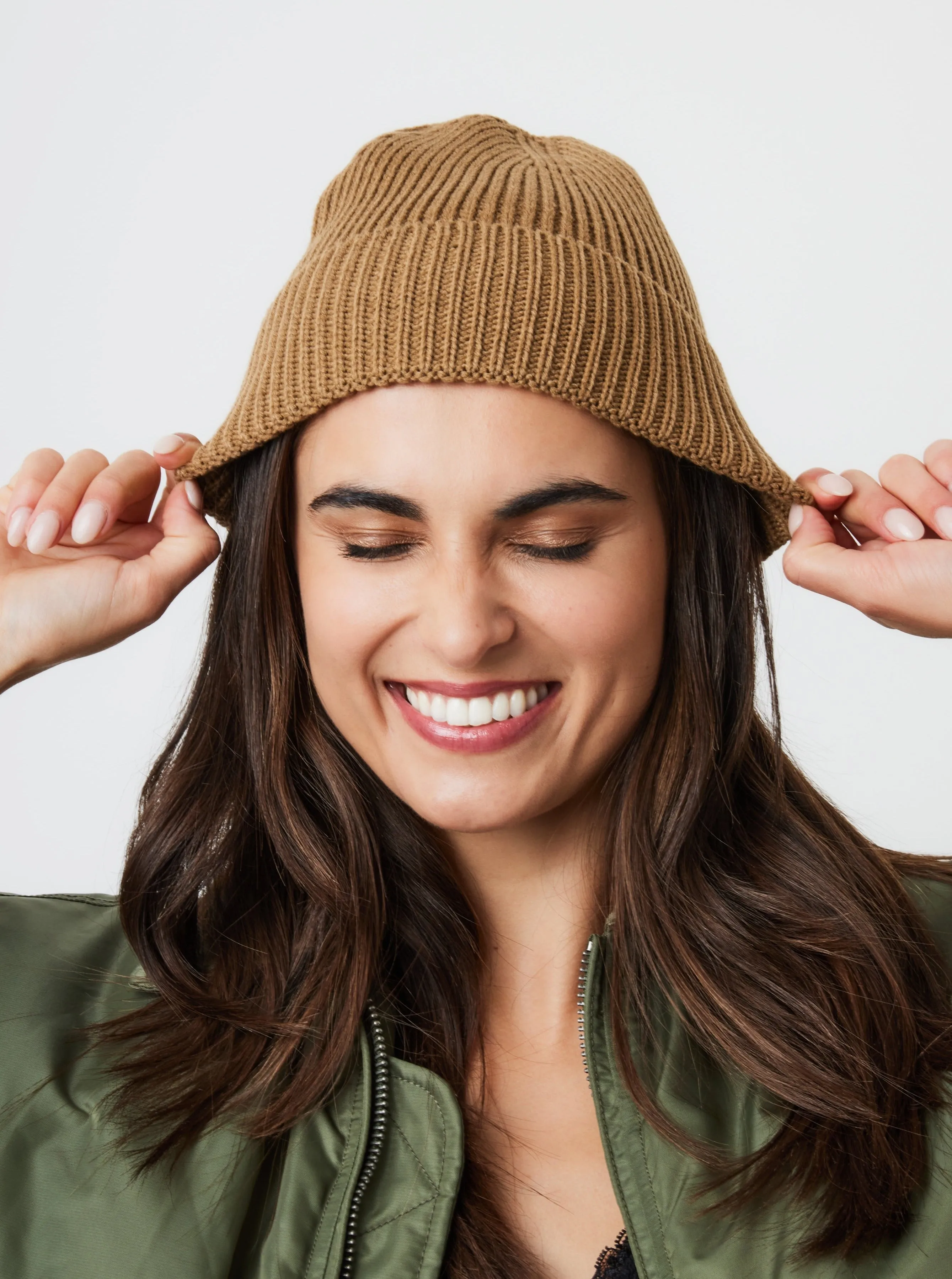 Ribbed Knitted Beanie in Camel