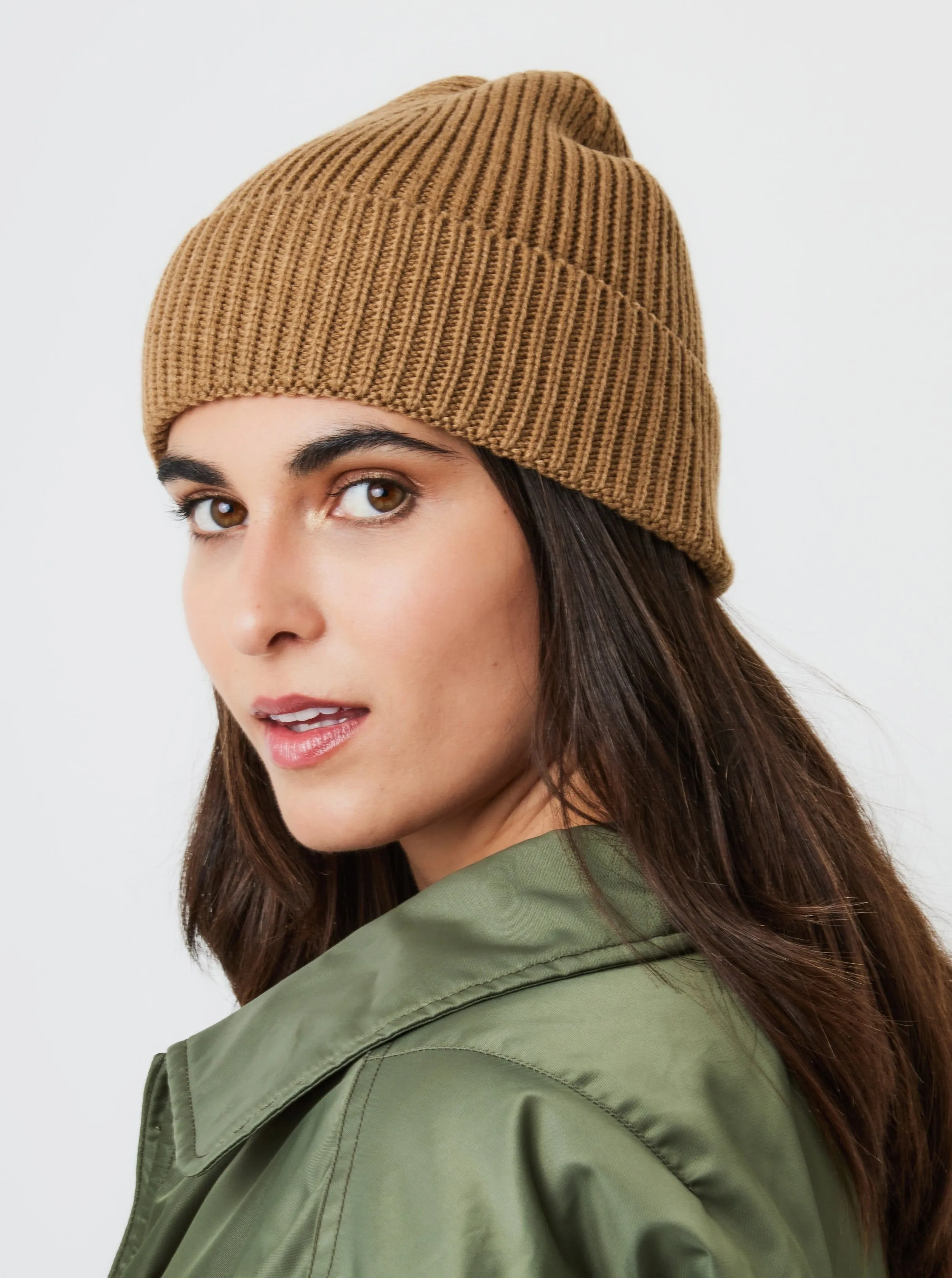 Ribbed Knitted Beanie in Camel