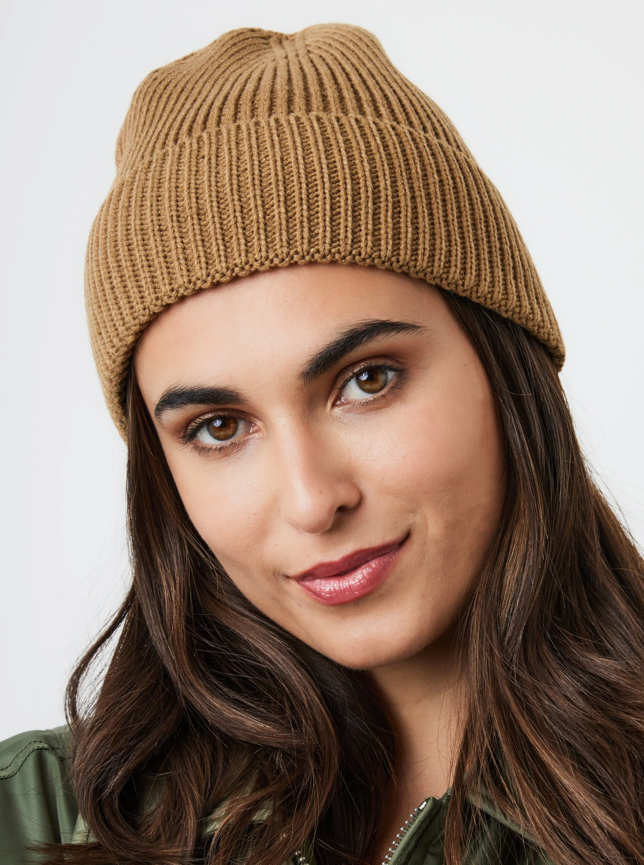 Ribbed Knitted Beanie in Camel