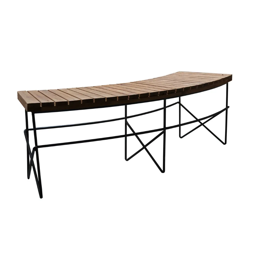 Teak and Black Steel Curved Fire Pit Bench