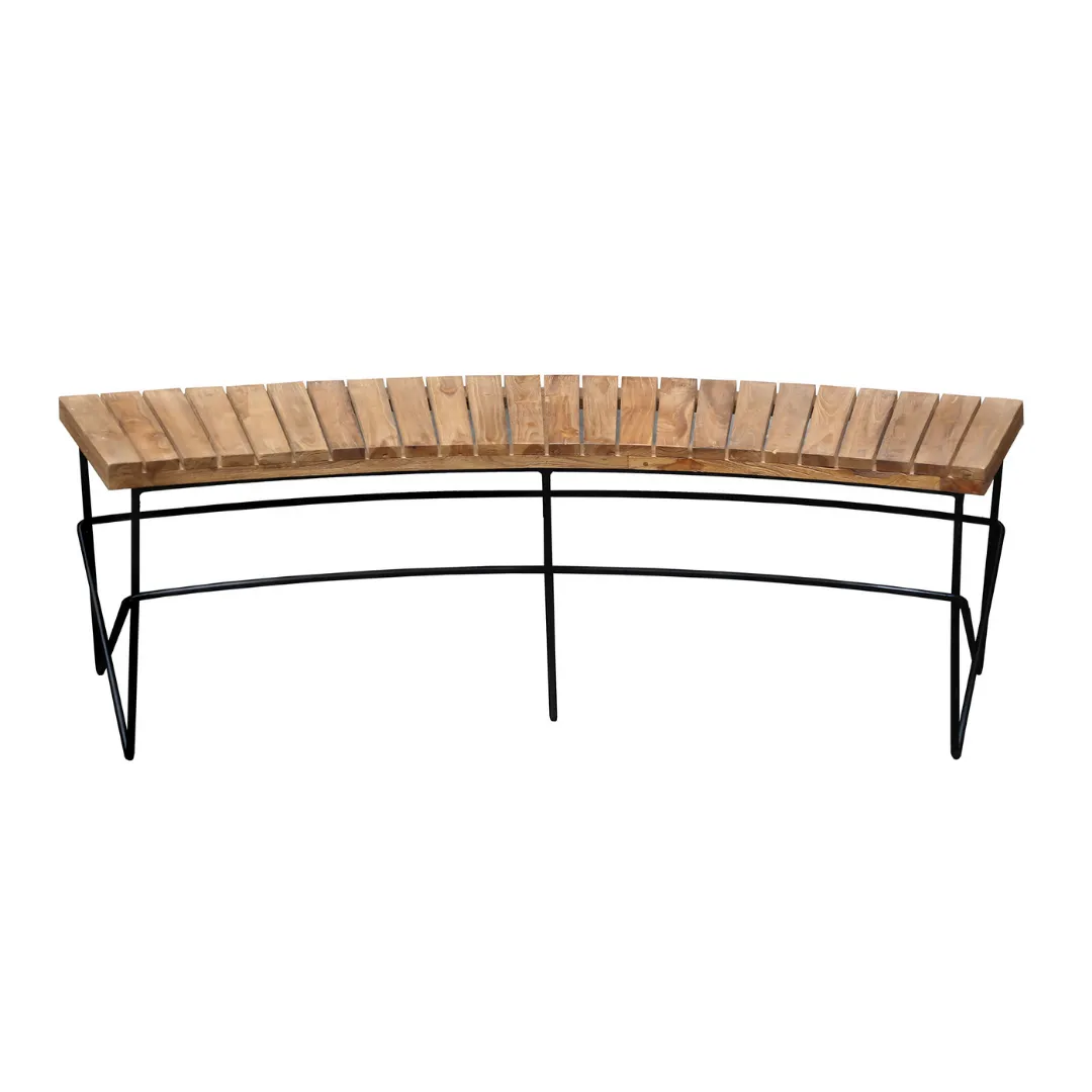 Teak and Black Steel Curved Fire Pit Bench