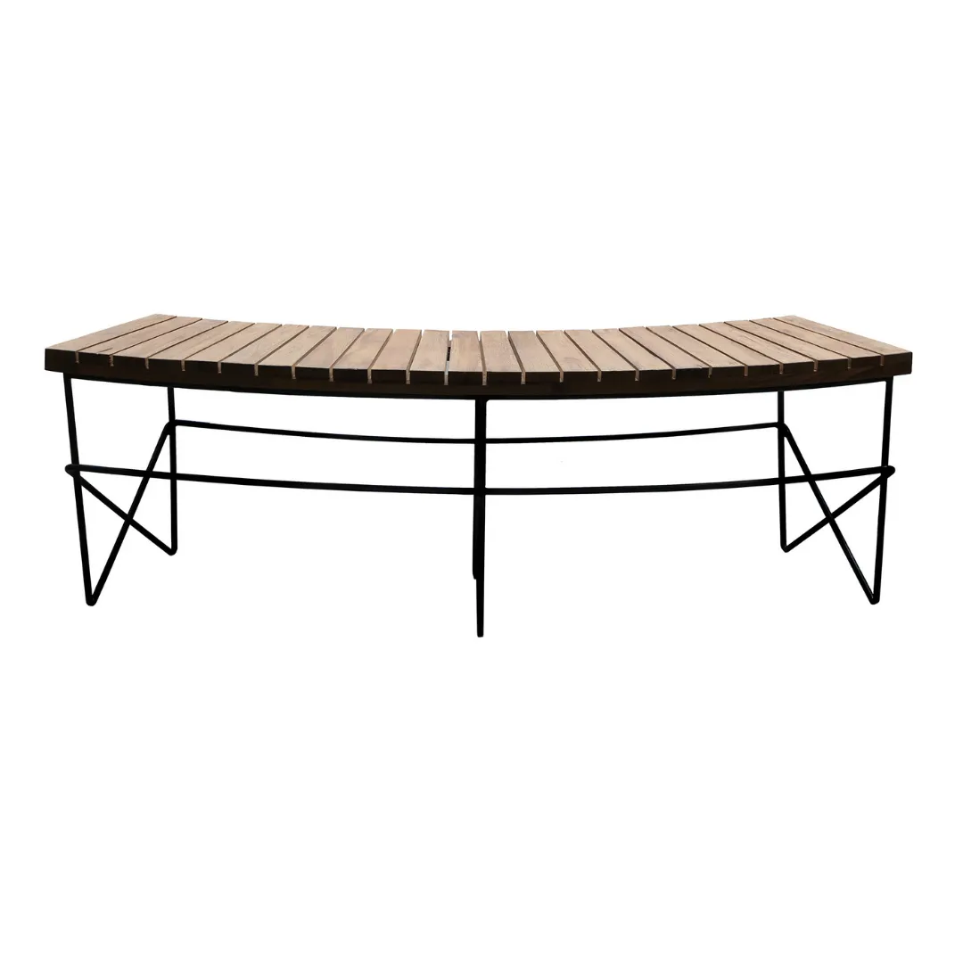 Teak and Black Steel Curved Fire Pit Bench