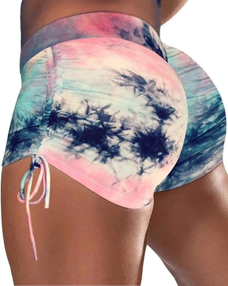 Tie Dye Print Drawstring Yoga Shorts